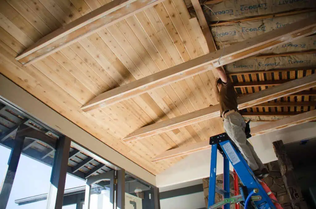 Vashon kitchen remodel in progress — vaulted ceiling framing