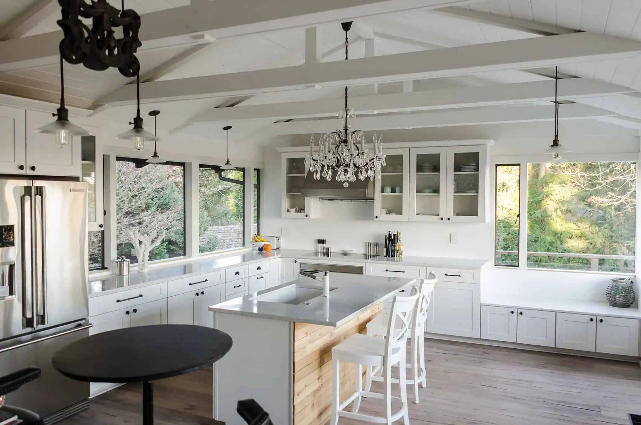 Vashon kitchen remodel with vaulted ceiling and exposed beams