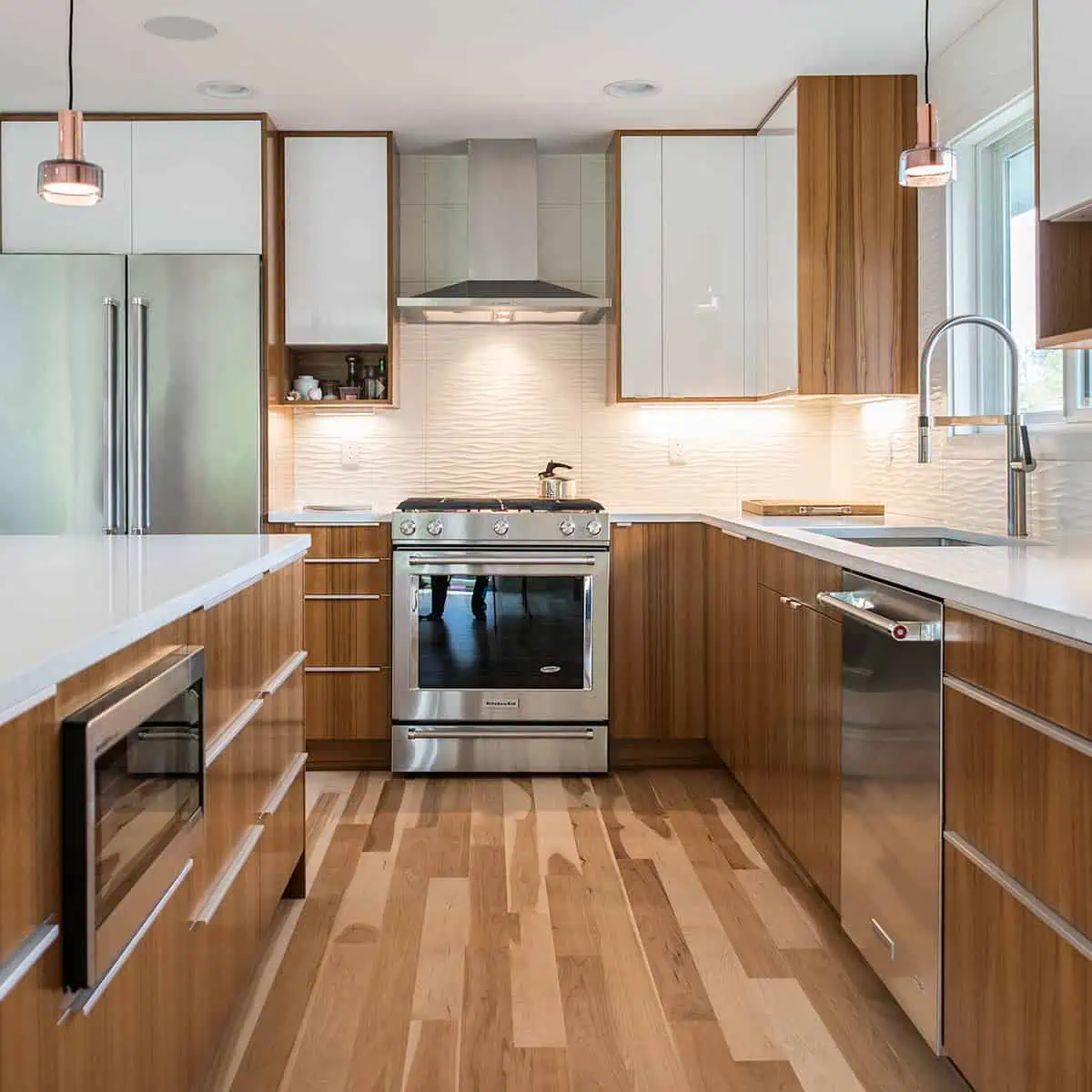 Custom teak doors on IKEA cabinets with mid-century modern style