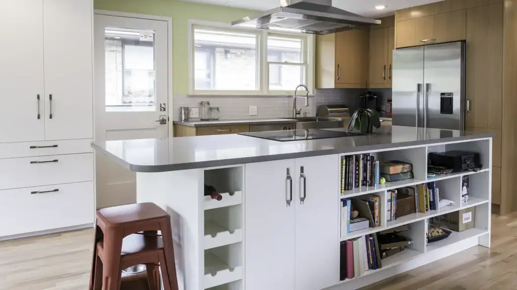 Kitchen island with custom open shelves and wine rack