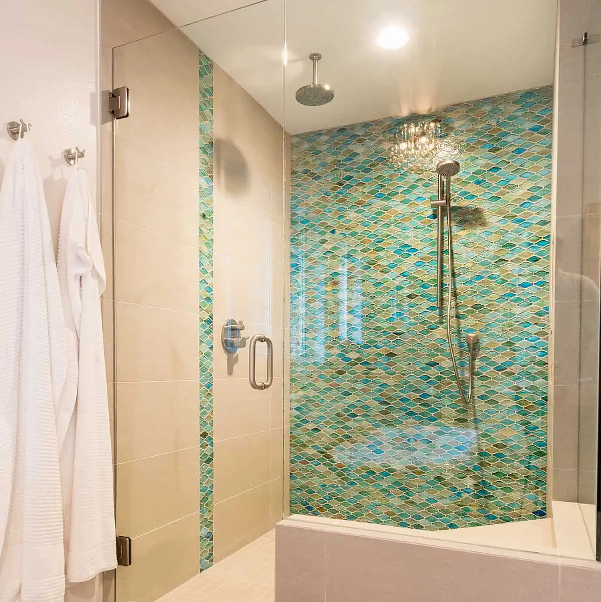 Teal and green tile shower in master bathroom remodel