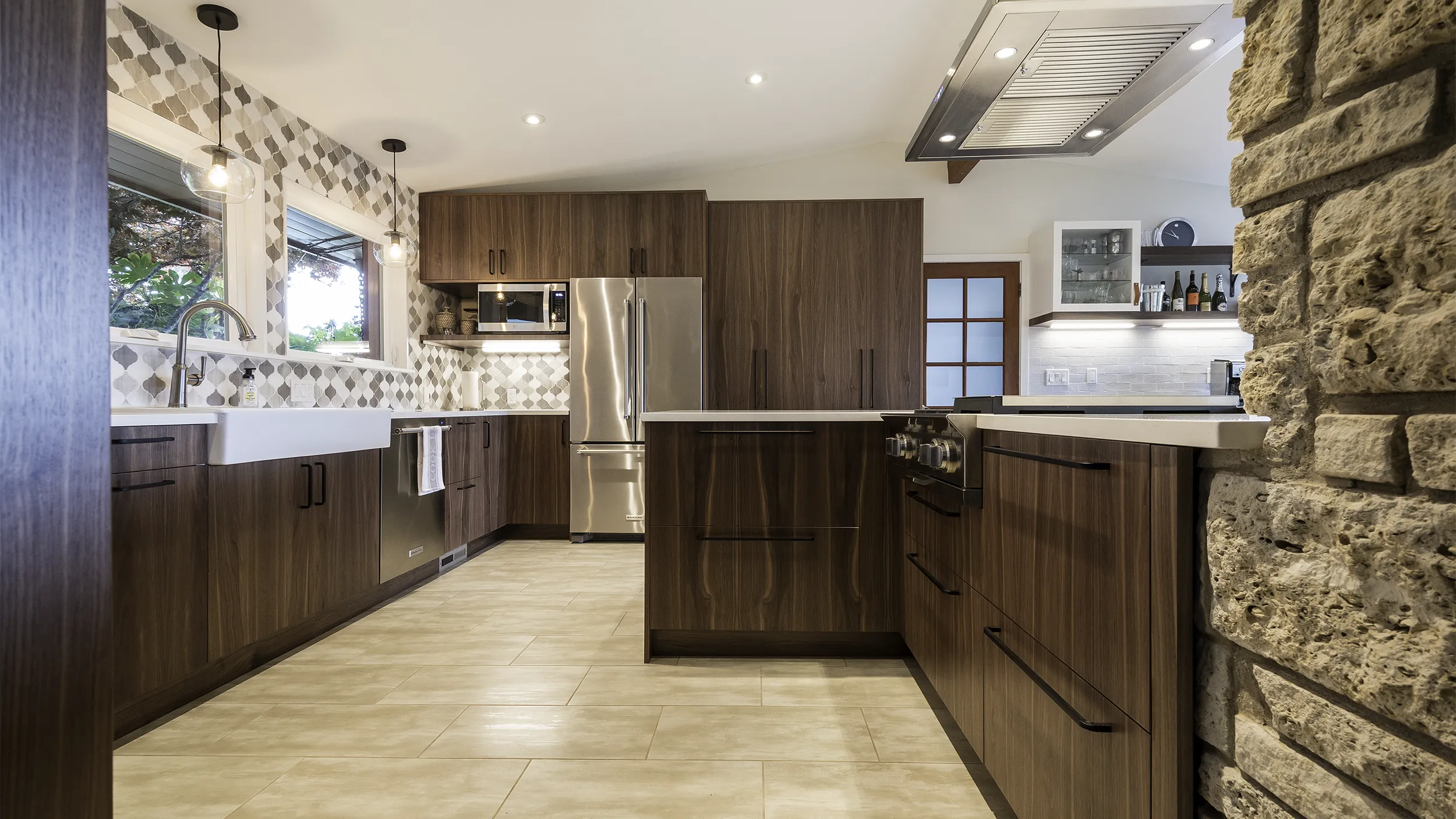 Normandy Park kitchen remodel with walnut cabinets, farmhouse sink, and a dedicated wet bar