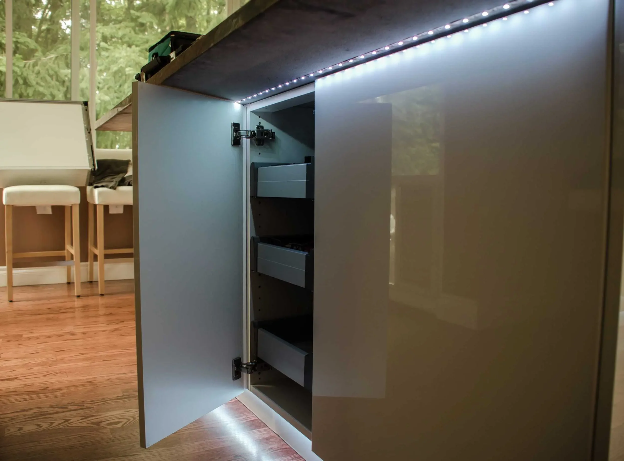LED light strips installed under countertop