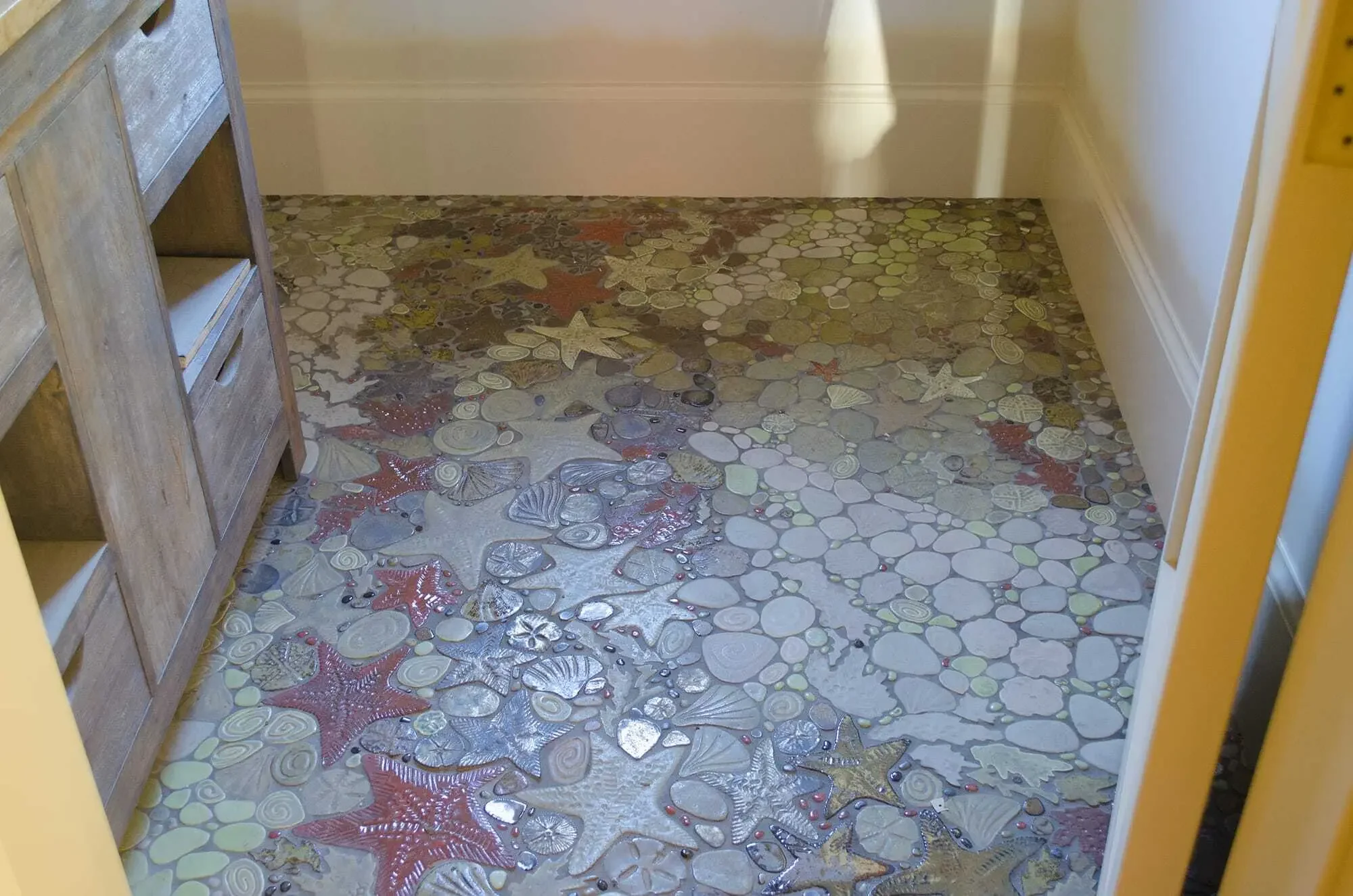 Tile mural in a powder room, installed on Whidbey Island, WA