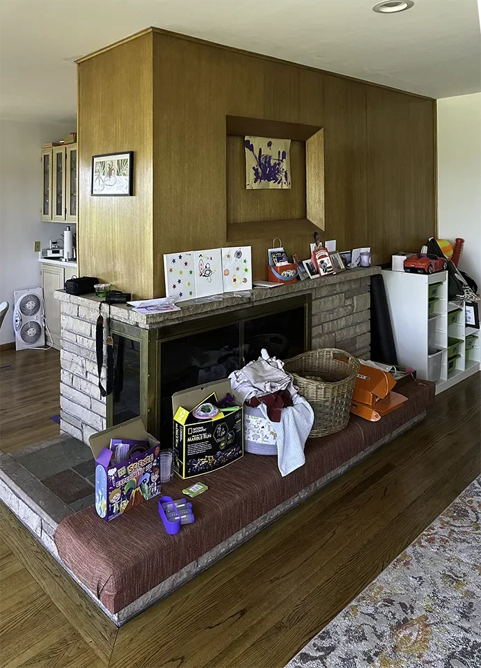 Before: Classic 1970s fireplace feature wall