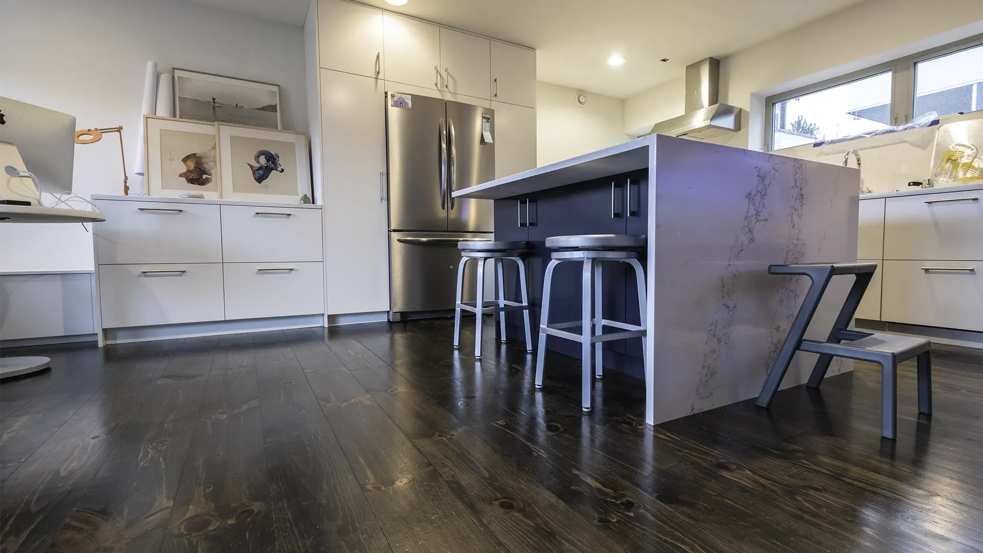 Family friendly Seattle area kitchen remodel with Hale Navy blue island and quartz waterfall countertop